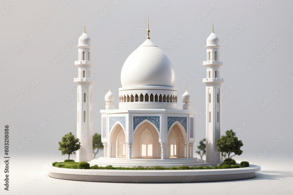 Fototapeta premium Celebration of islamic white mosque miniature 3d rendering in blank background