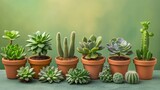 An arrangement of various green succulents and cacti in terracotta pots, set against a background of gradient greens.