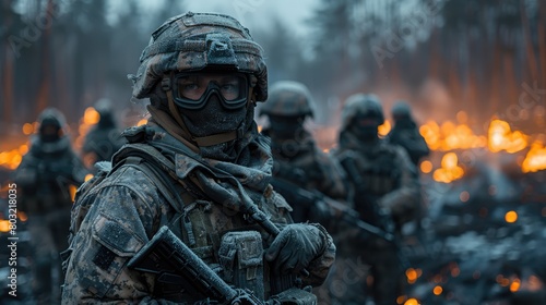 Group of infantry soldiers in uniforms walking over snow covered landscape, Military conflict or war concept