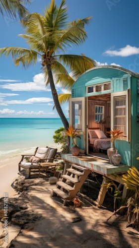 A beautiful beach hut on a tropical island with a palm tree and turquoise ocean
