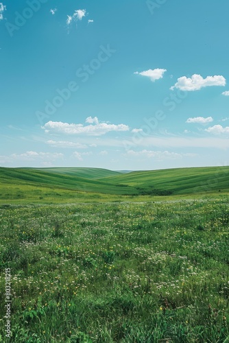 Scenic view of green rolling hills under blue sky with white clouds