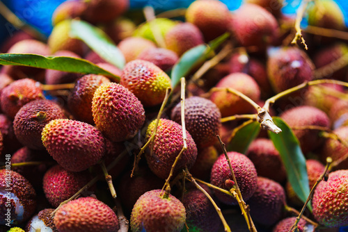 Close up fresh lychee on blurry background, Tropical summer fruit in Thailand - Selective focus
