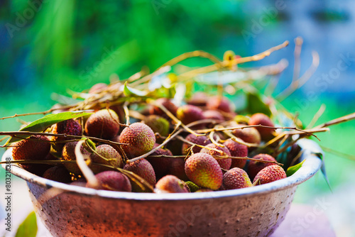 Close up fresh lychee on blurry background, Tropical summer fruit in Thailand - Selective focus