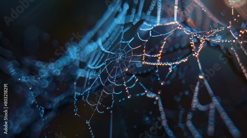 Dew-covered spiderweb glistening in the morning light amid forest branches