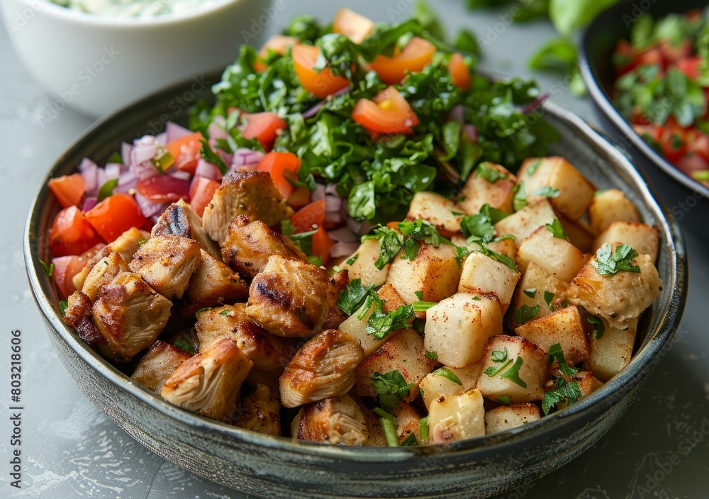 Chicken shawarma bowl with potatoes, tomatoes, and onions