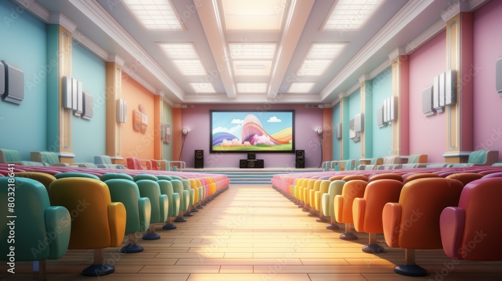An illustration of an empty movie theater with colorful seats and a large screen