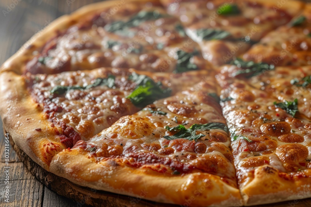 Close-up of a delicious pizza with melted cheese and fresh basil Close-up of a delicious pizza with melted cheese and fresh basil