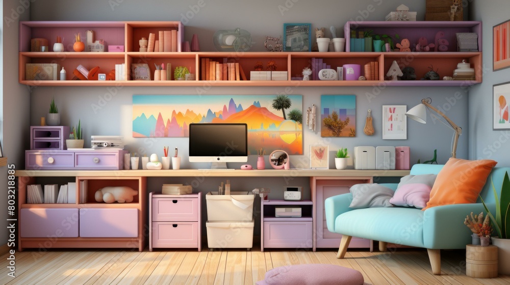 A colorful and organized home office with a large pink and blue bookshelf, a blue couch, and a pink desk with a computer.