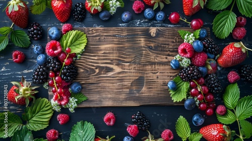 Fresh assorted berries arranged around a rustic wooden plank on a dark surface.