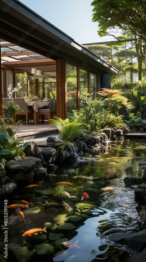An illustration of a beautiful garden with a pond full of koi fish An illustration of a beautiful garden with a pond full of koi fish