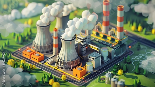 Power plant with nuclear reactor concept. Generating electricity or heating water using the fission method. Features cooling towers and steam from the reactor. photo