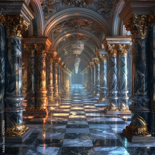 ornate hallway with marble columns and shiny checkered floor