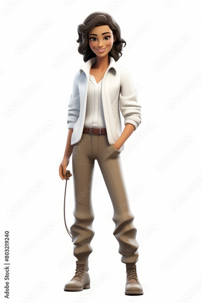 A young woman archaeologist with brown hair and brown eyes wearing a white shirt, brown pants, and brown boots. A young woman archaeologist with brown hair and brown eyes wearing a white shirt, brown pants, and brown boots.