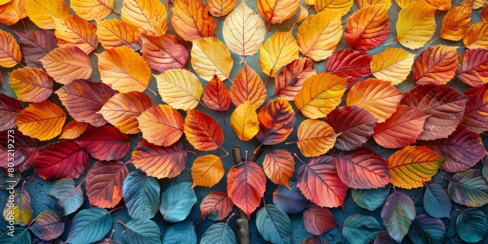 Colorful autumn leaves arranged in a gradient from red to blue Colorful autumn leaves arranged in a gradient from red to blue