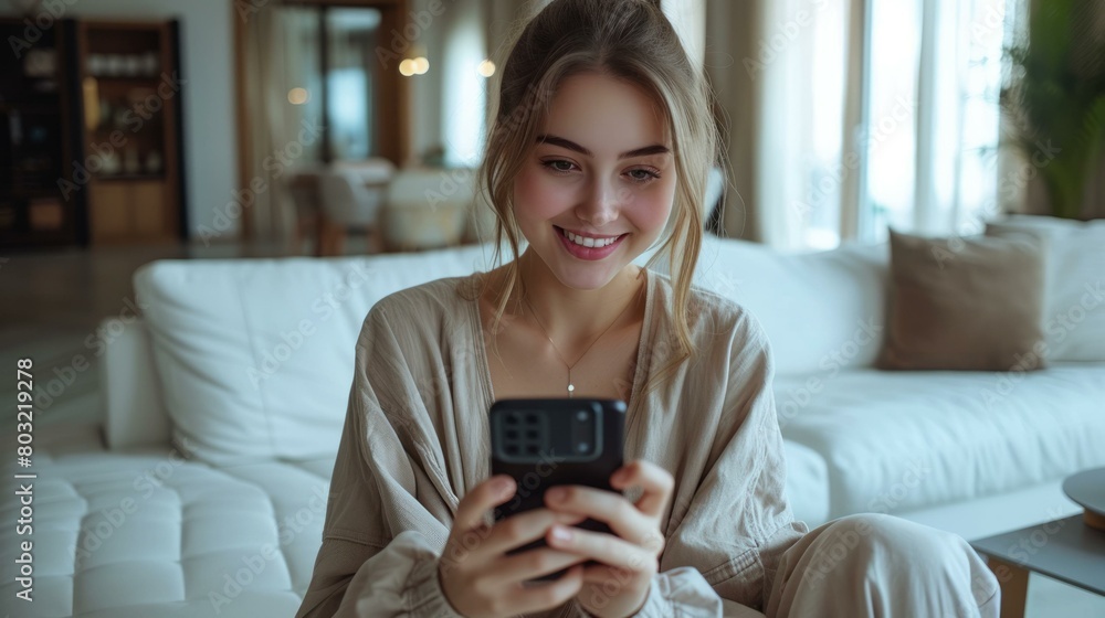 Young woman smiling while texting on her phone