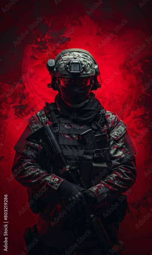 Soldier in red background holding a gun Soldier in red background holding a gun