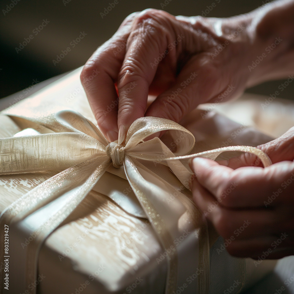 Close-up of hands tying a ribbon on a beautifully wrapped gift Close-up of hands tying a ribbon on a beautifully wrapped gift