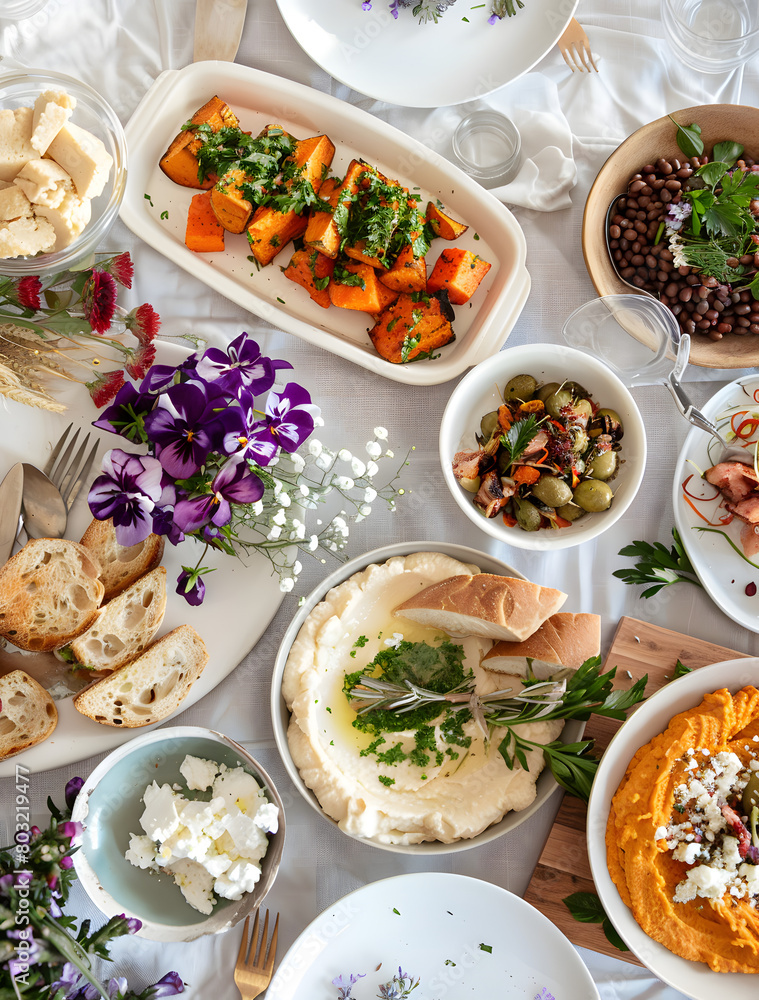 spread of multiple traditional mediterranean dishes on white linen, including beans, olives, bread and hummus