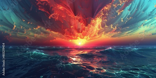 The sea is rough and rough, and the sky is full of red clouds.