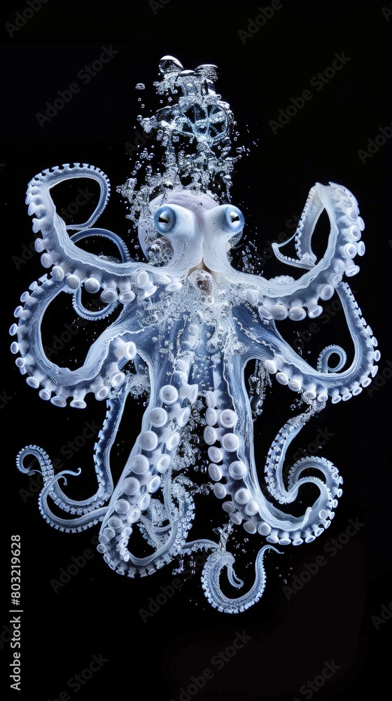 A detailed glass sculpture of an octopus, intricately crafted and displayed against a stark black background