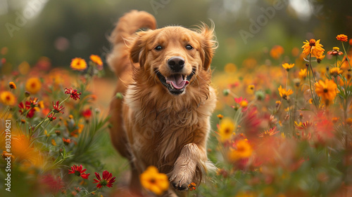 A golden retriever bounding through a field of wildflowers, ears flapping in the breeze. photo