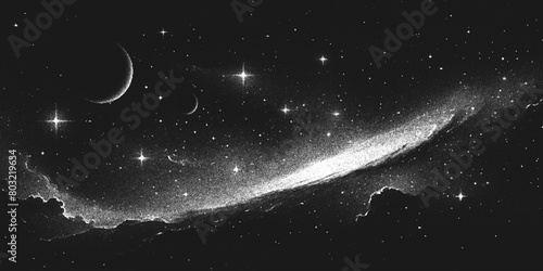 Deep space scene background in stippling style with spiral galaxy, glowing nebula and stars. Retro styled dotwork. Pointillism. Panorama. Noisy grainy shading using dots. Vector illustration photo
