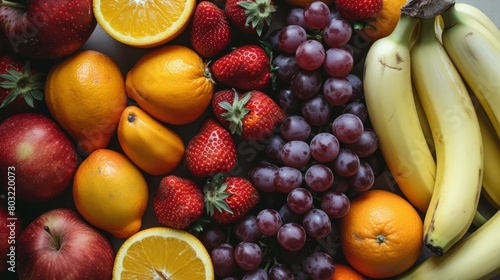 A variety of fruits including strawberries  bananas  grapes  apples  and oranges