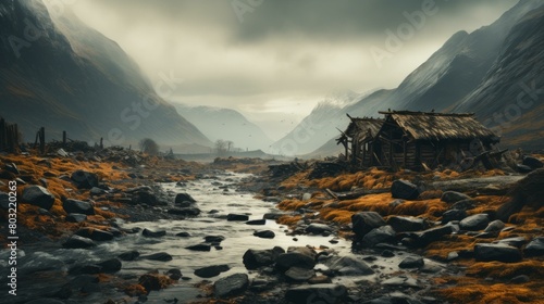 Thatched roof hut in a valley between mountains with a river running through it photo