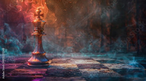 Enigmatic chess king piece on a misty board with vibrant colorful sparks photo