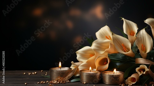 Elegant still life with calla lilies and candles photo