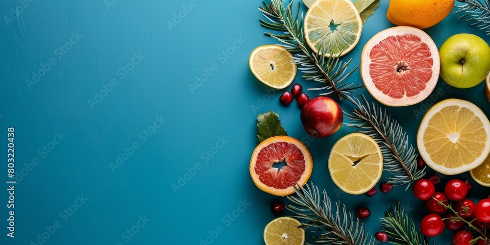 Various citrus fruits and apples on a blue background