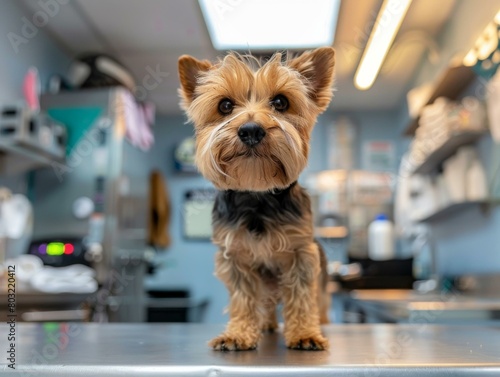Yorkshire Terrier standing on a metal examination table in a veterinary clinic