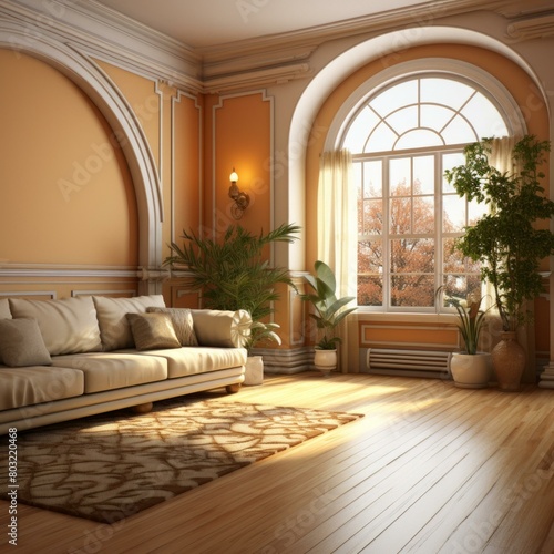 A beautiful living room with a large window, plants, and a sofa © Adobe Contributor