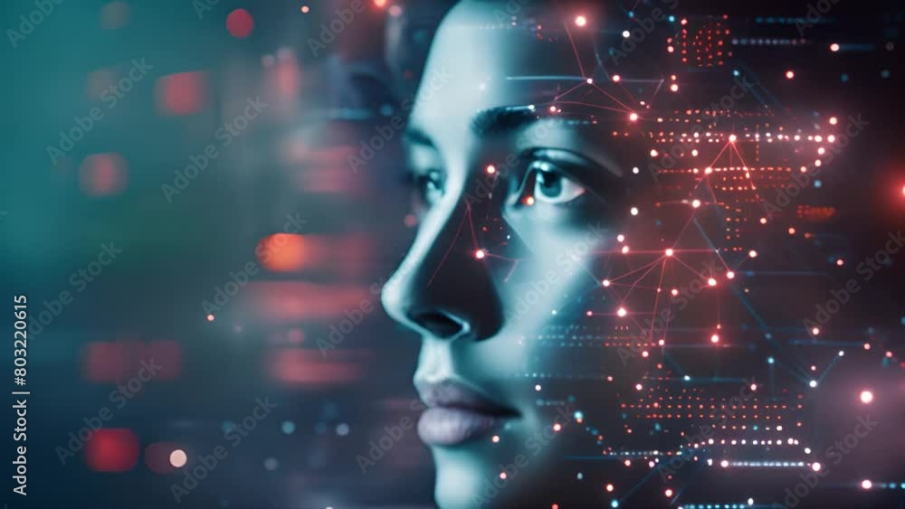 Womans face overlaid with glowing digital circuitry graphics. Womans face overlaid with glowing digital circuitry graphics.