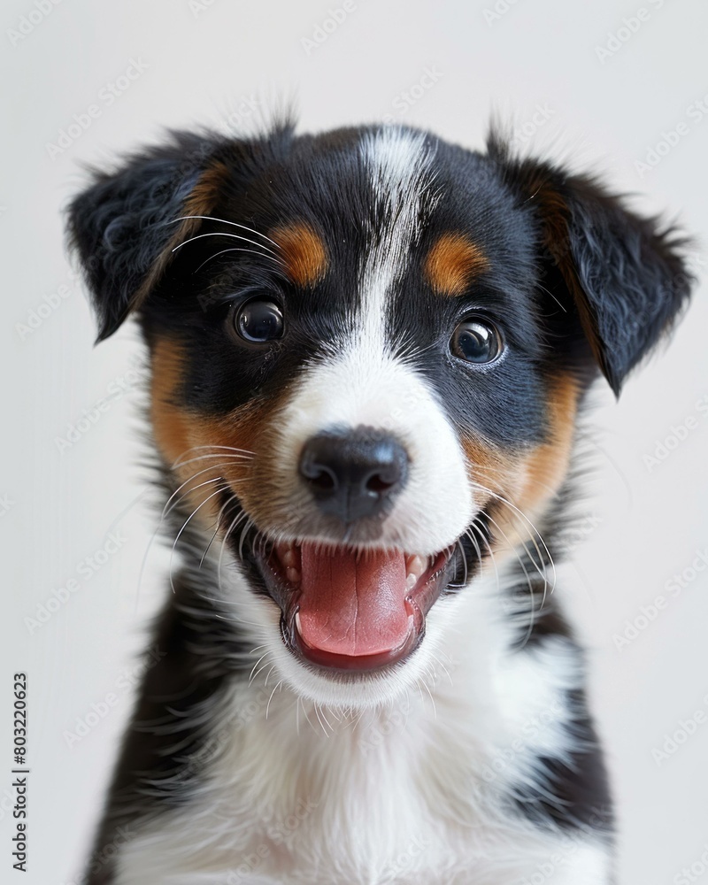 A cute puppy with black, white, and brown fur