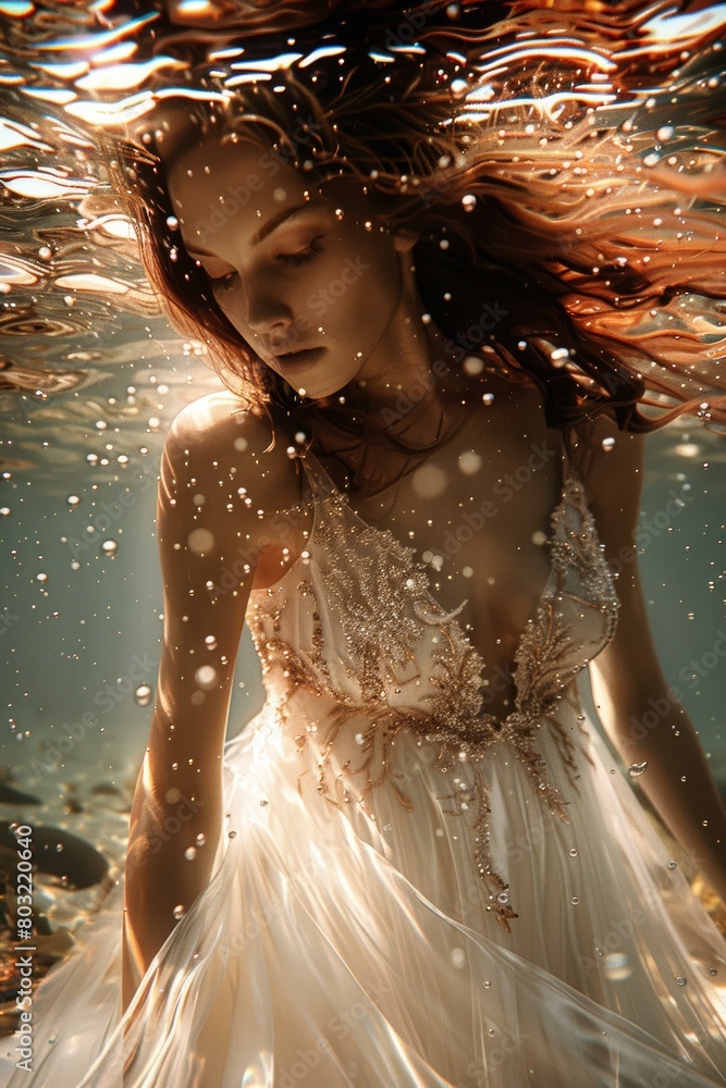 Obraz premium An ethereal underwater portrait of a woman in a white dress