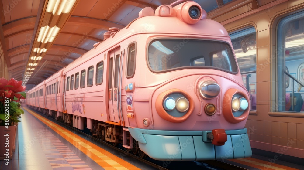 Fototapeta premium A pink cartoon train is entering the station