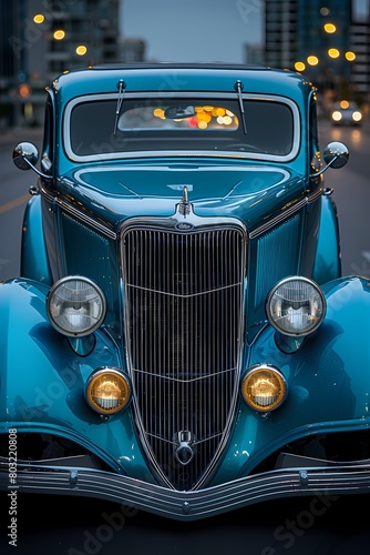 A vintage blue car  restored to its former glory  photographed in stunning HD quality  highlighting its timeless beauty