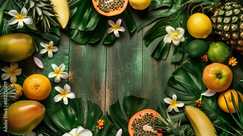 Vibrant tropical fruit arrangement with flowers and green leaves on a wooden background.