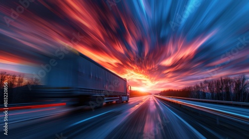 Blurring. A large truck is driving along the highway at high speed. Sky with bright red clouds. © dheograft