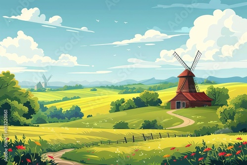 idyllic countryside farm with rolling green hills and rustic windmill rural landscape vector