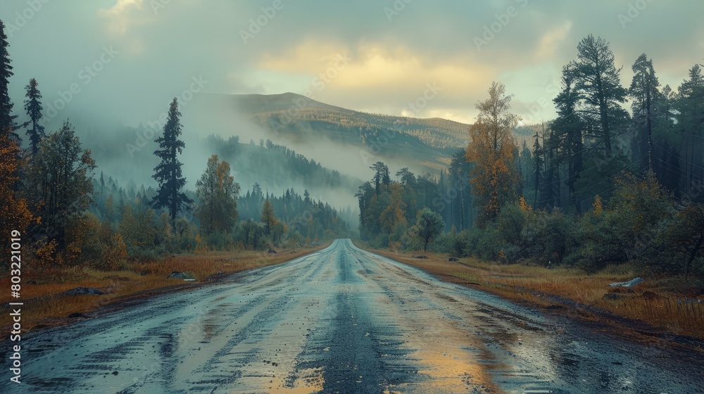 Foggy mountain road through the forest Foggy mountain road through the forest