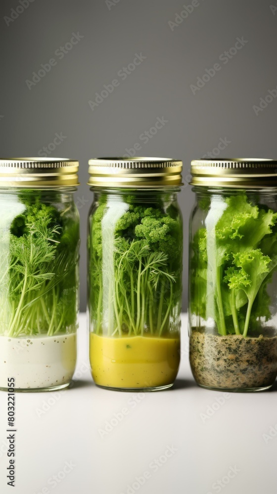 Three glass jars with different salad dressings and salad greens Three glass jars with different salad dressings and salad greens