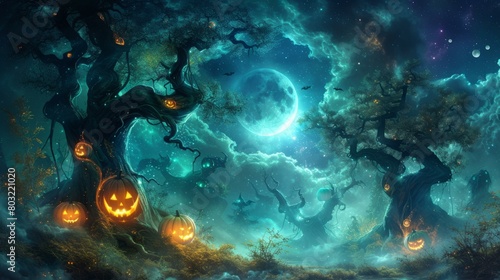 Mystical Forest at Night with Haunted Trees and Glowing Pumpkins
