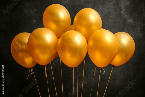 A bunch of shiny gold balloons on a black background