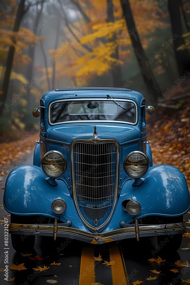 A vintage blue car, restored to its former glory, photographed in stunning HD quality, highlighting its timeless beauty