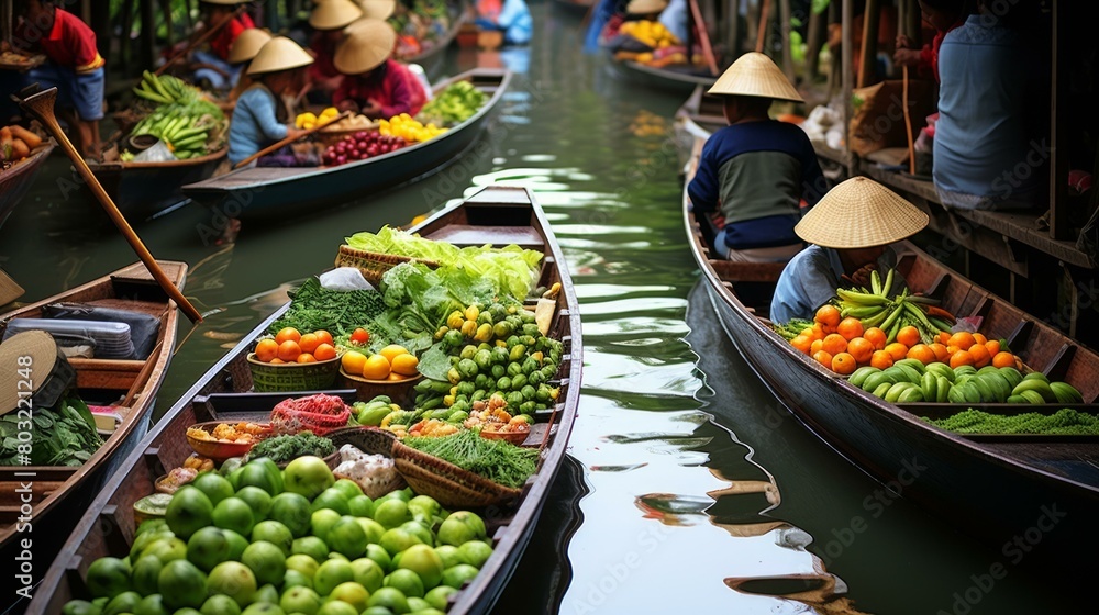 Fototapeta premium A bustling floating market in Thailand with boats full of fresh produce