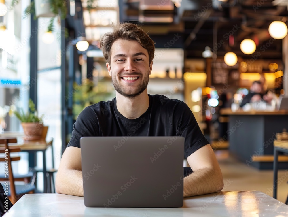 Happy male freelancer working on laptop at cafe with copy space Happy male freelancer working on laptop at cafe with copy space