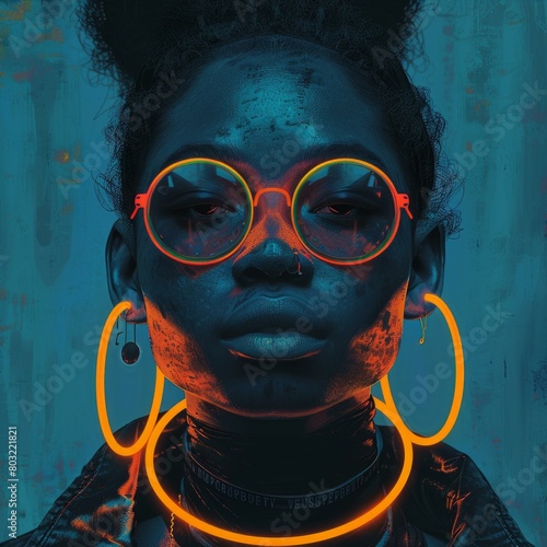 A portrait of a black woman with orange glowing glasses and earrings. photo