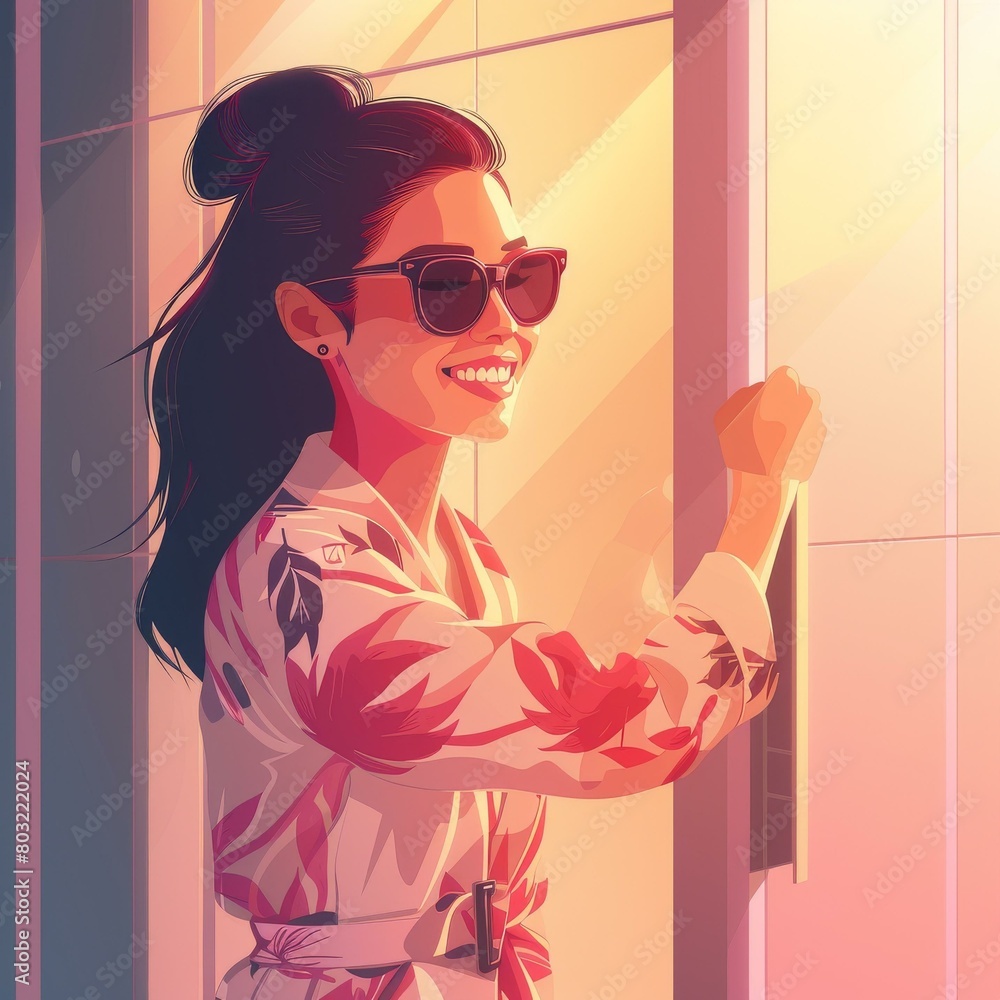 Smiling woman in bathrobe opening door Smiling woman in bathrobe opening door